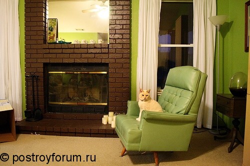 Гостиная с камином и зеленым креслом с кошкой